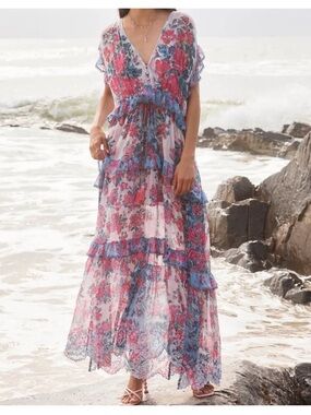 Hemant and Nandita Tiered Maxi Ruffle Chiffon Maxi Dress NWT